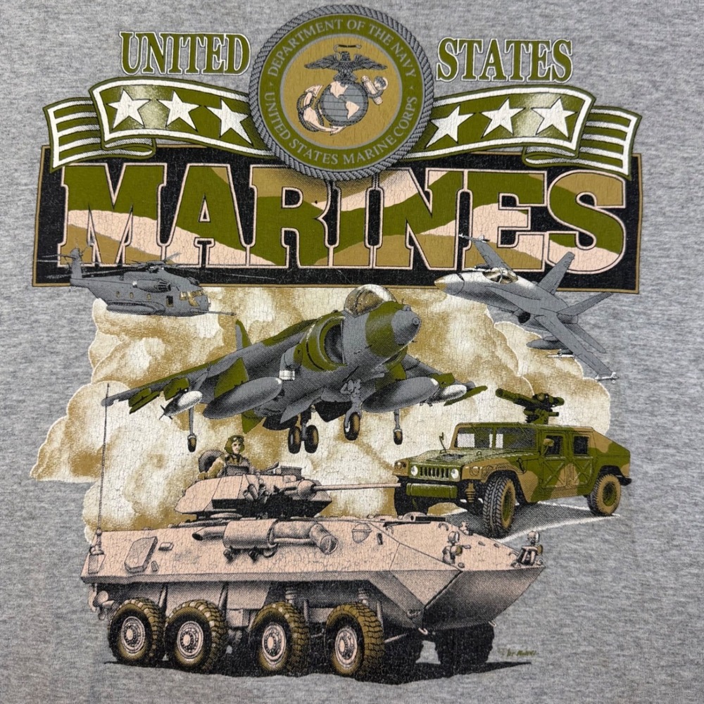 Vintage US Marines Boys T-Shirt Gray USMC Military Graphic Size L 14-16